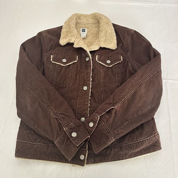 GAP Jacket Women’s Large Brown Corduroy Coat Sherpa Lining Trucker Chore Y2K - Picture 1 of 16